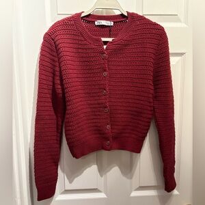 ZARA Women's Deep Red Knit Cardigan